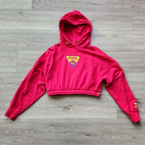 Puma Pink Ski Hoodie Womens Large Cropped Long Sleeve Drawcord Logo Athleisure - Picture 1 of 9